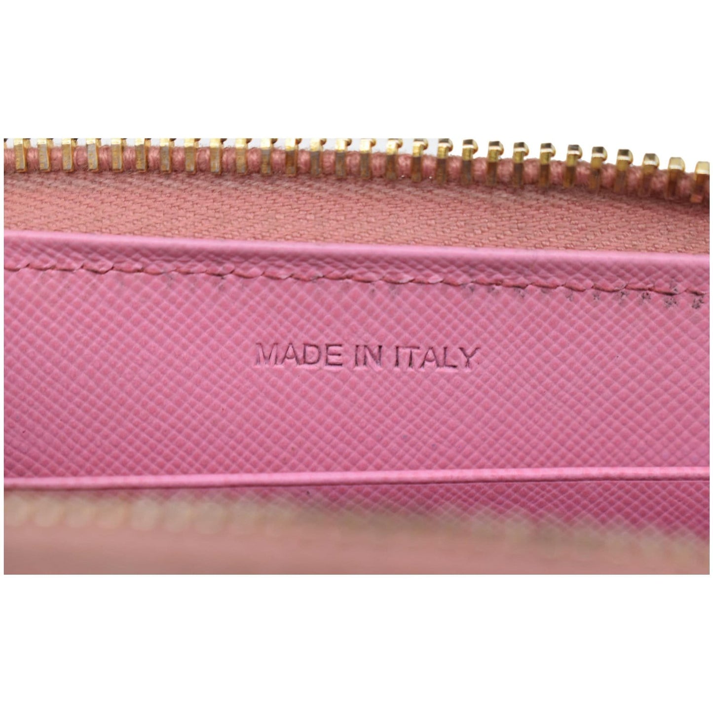 PRADA Striped Perforated Saffiano Leather Zip Around Wallet Pink/Yellow