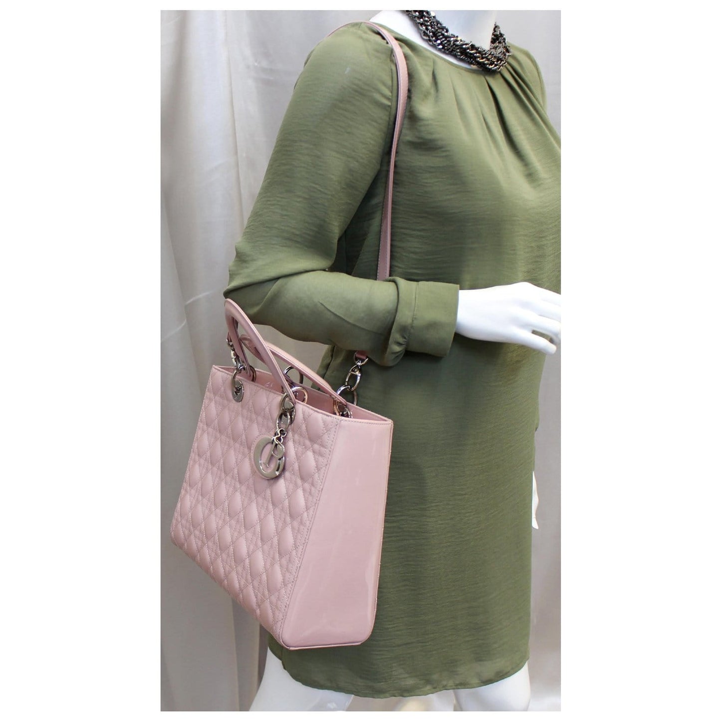 CHRISTIAN DIOR Quilted Patent Leather Lady Dior Large Shoulder Bag Pink