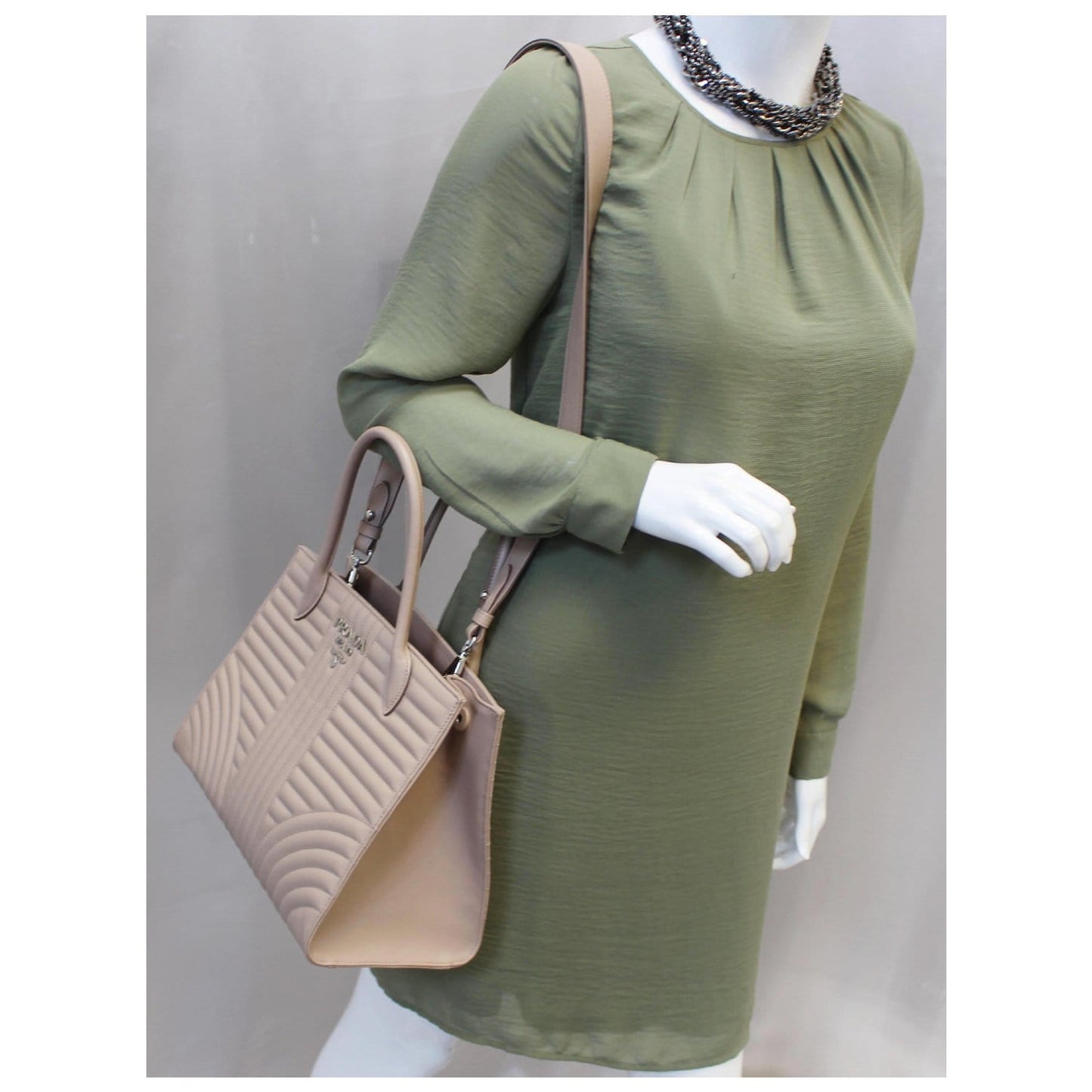 PRADA Diagramme Leather Tote Shoulder Bag Nude