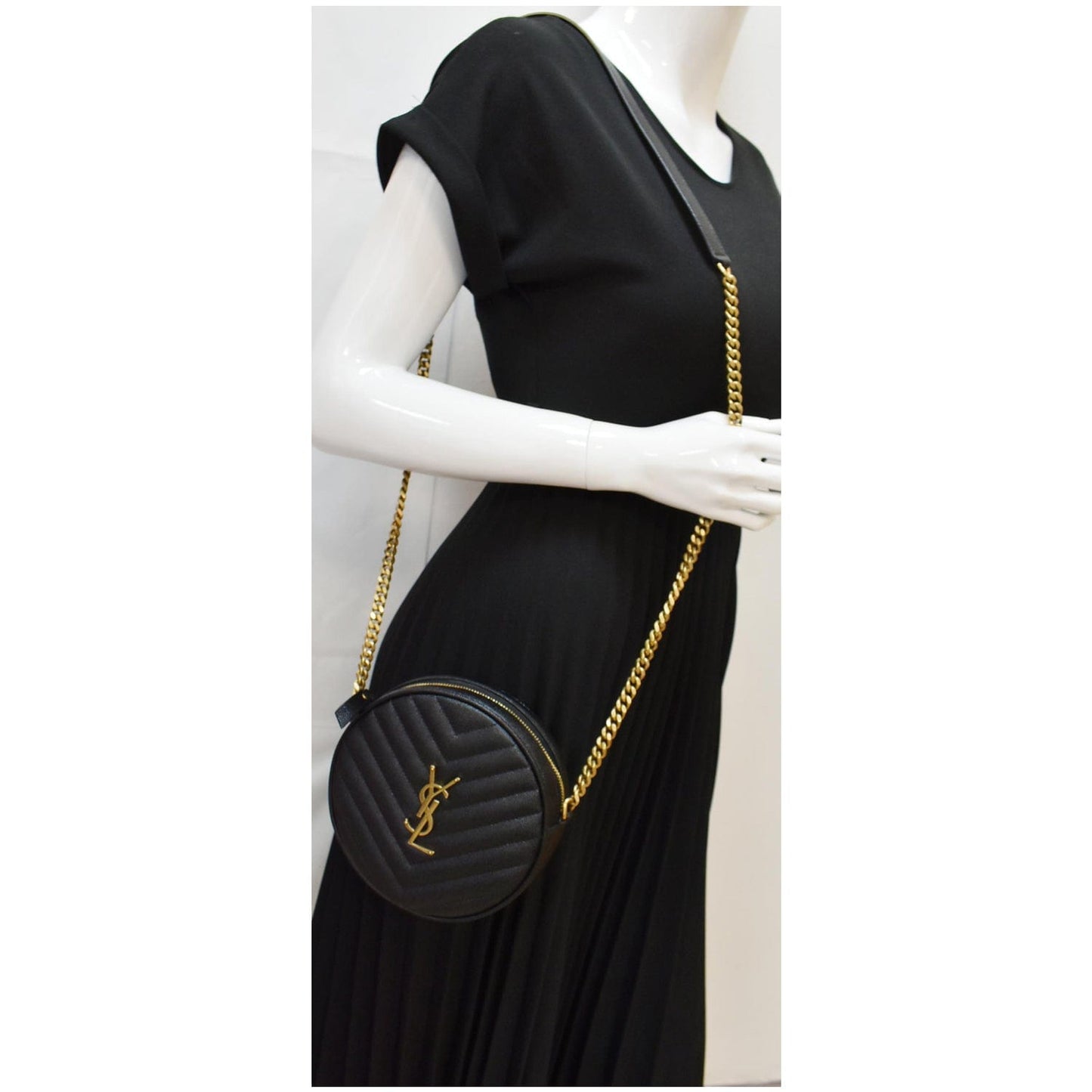 YVES SAINT LAURENT Vinyle Round Chevron Leather Camera Crossbody Bag Black