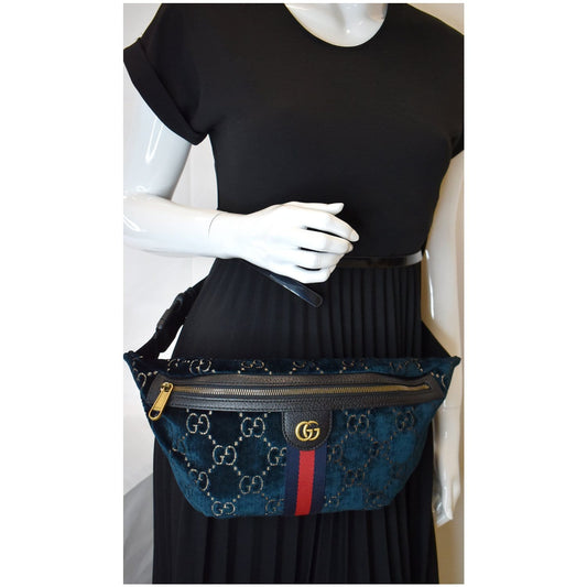 GUCCI GG Monogram Velvet Belt Leather Bumbag Dark Blue 574968