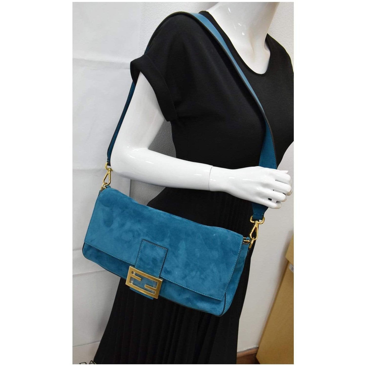 FENDI Baguette Large Suede Shoulder Bag Blue 8BR771