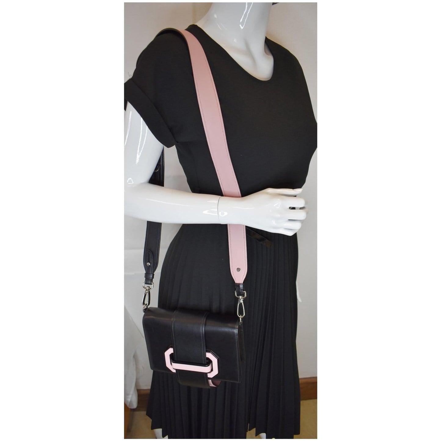 PRADA City Plex Ribbon Small Calfskin Shoulder Bag Black/Pink