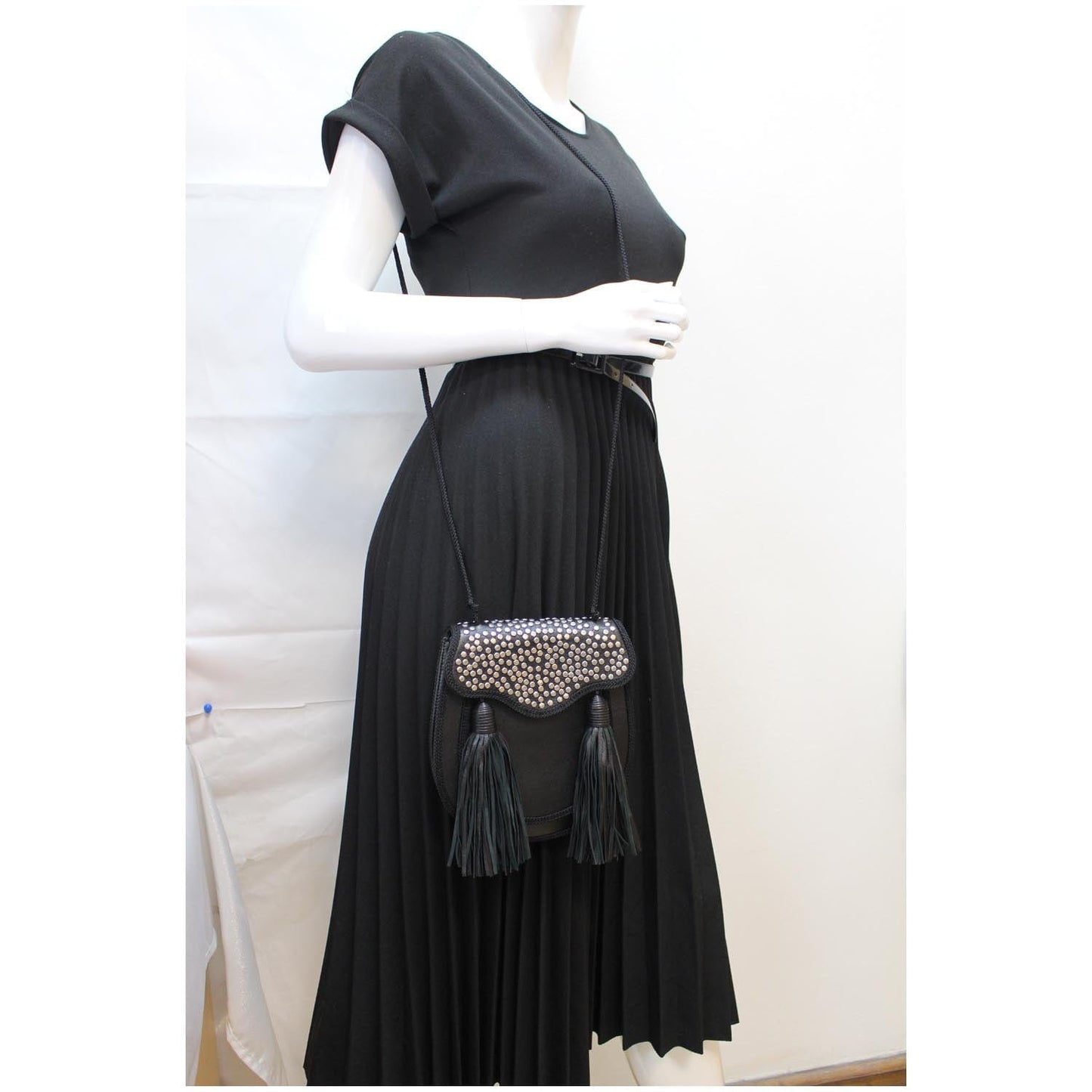 YVES SAINT LAURENT Opium 2 Studded Leather Tassel Bag Black