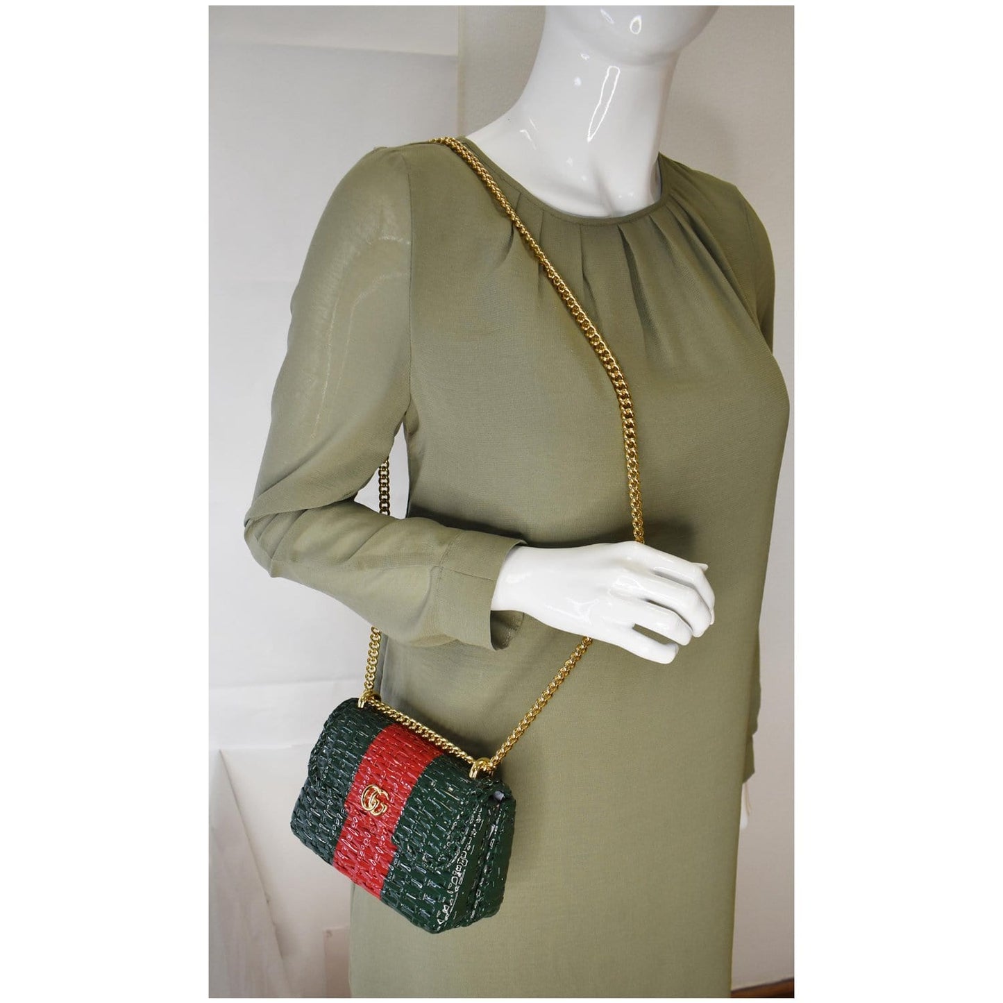 GUCCI Wicker Linea Cestino Mini Web Shoulder Bag Green 524829