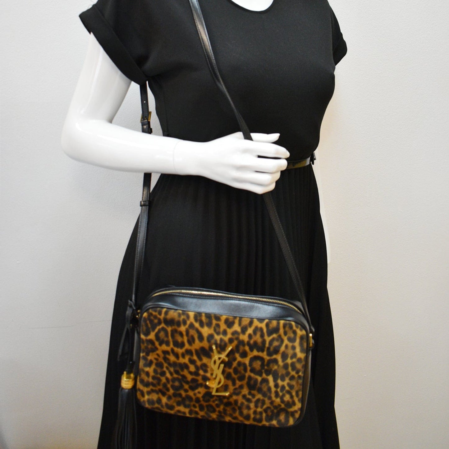 YVES SAINT LAURENT Lou Camera Leopard-Print Leather Crossbody Bag Black