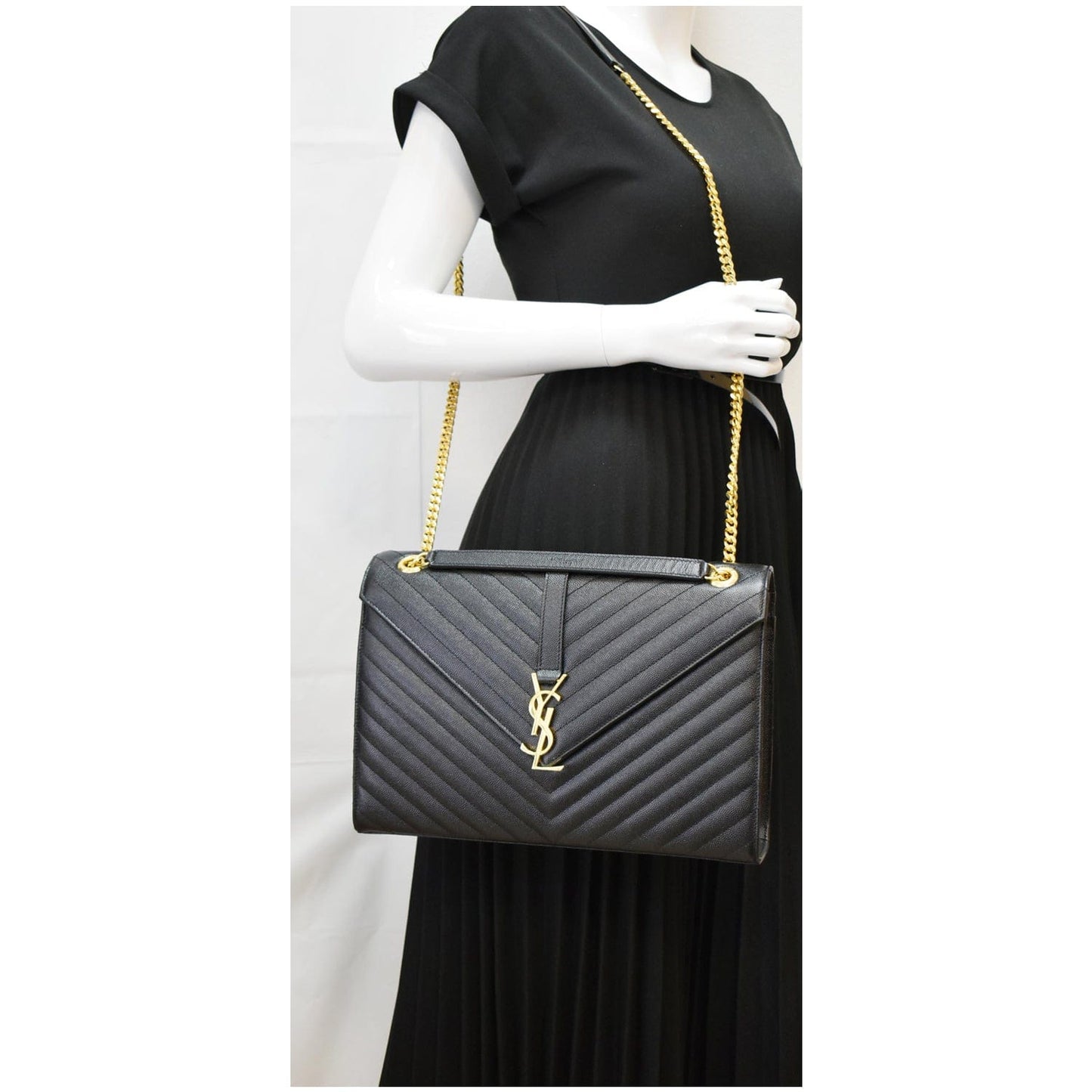 YVES SAINT LAURENT Large Envelope Mix Matelasse Grain De Poudre Chain Shoulder Bag Black
