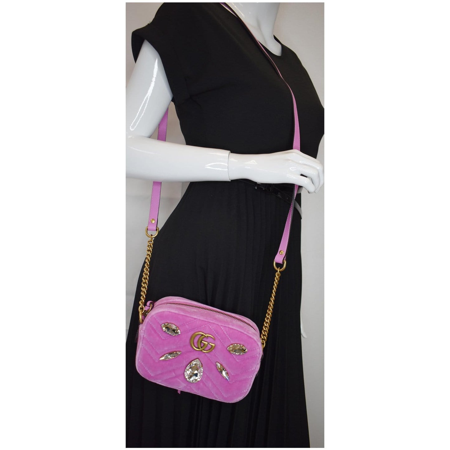 GUCCI GG Marmont Mini Marquise Crystal Velvet Crossbody Bag Pink 448065