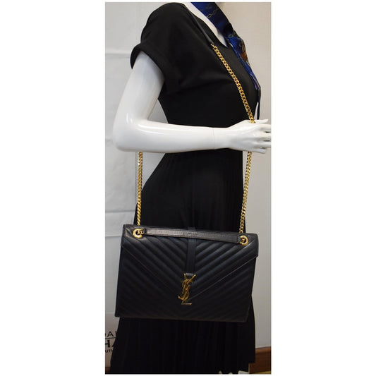 YVES SAINT LAURENT Large Envelope Grain De Poudre Chain Shoulder Bag Black