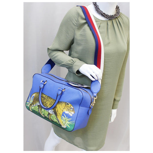 GUCCI Le Marche des Merveilles Tiger Print Pebbled Leather Boston Bag