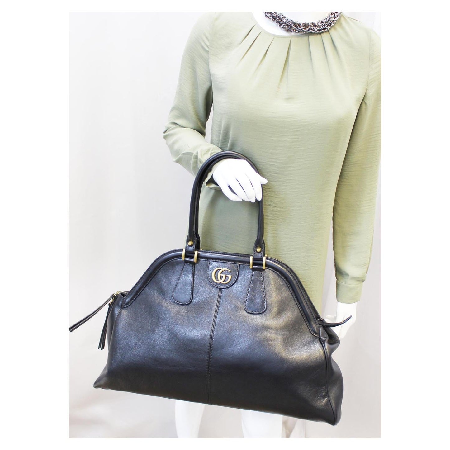 GUCCI Rebelle Top Handle Black Leather Satchel Handbag