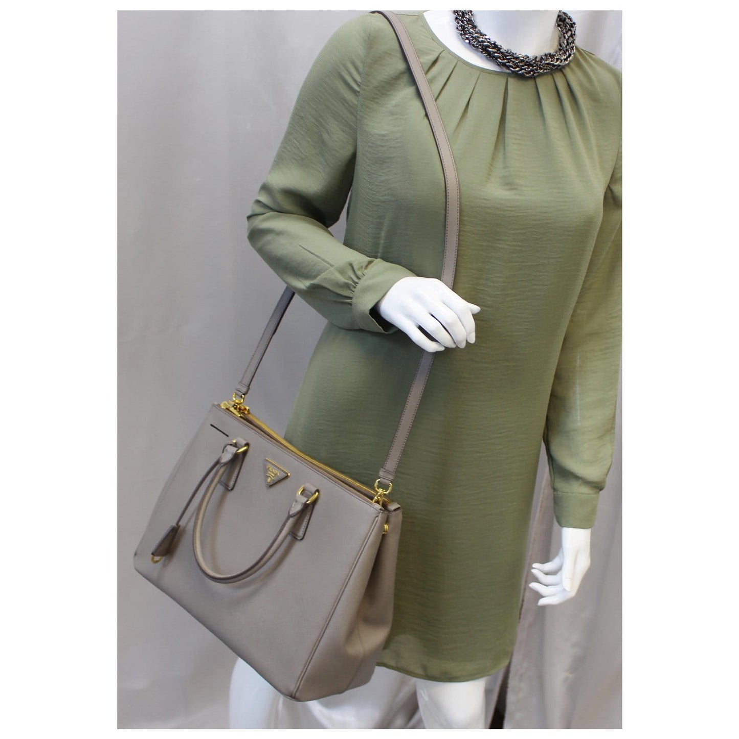 PRADA Saffiano Double Zip Executive Tote Shoulder Bag Grey