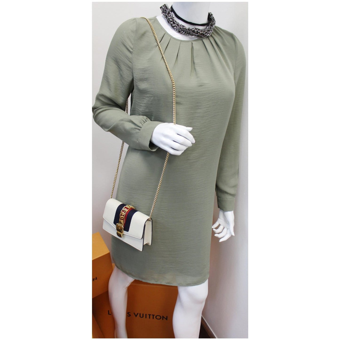 GUCCI Sylvie Super Mini Leather Crossbody Bag 494646 White