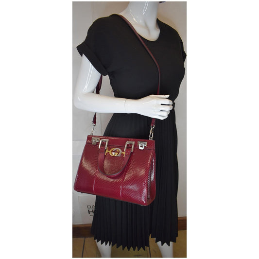 GUCCI Zumi Small Snakeskin Leather Top Handle Bag Bordeaux 569712