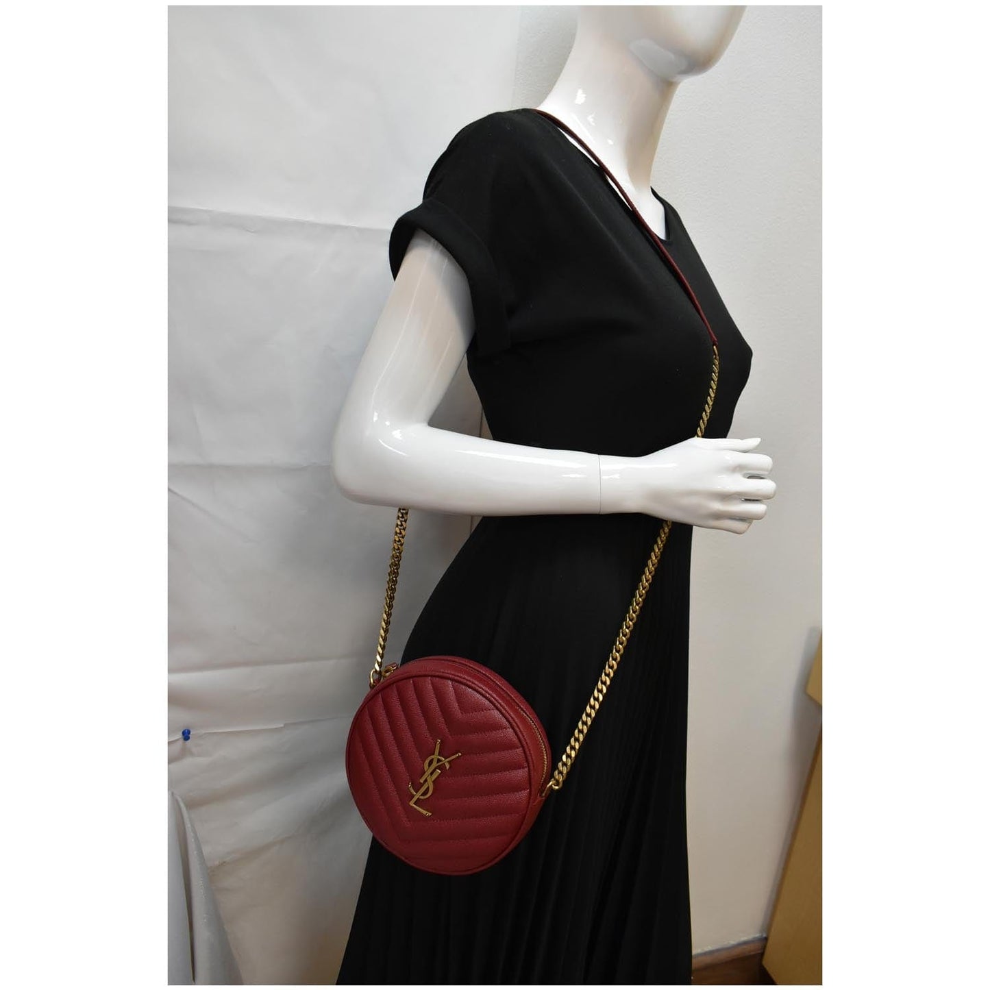 YVES SAINT LAURENT Vinyle Round Chevron Leather Camera Crossbody Bag Red