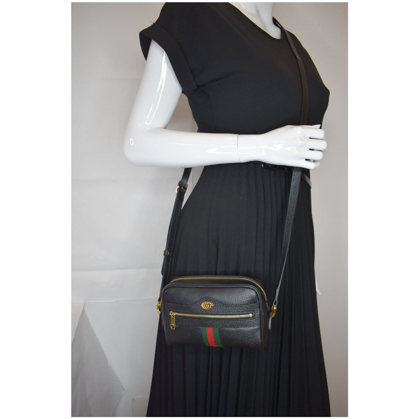 GUCCI Ophidia Mini GG Web Leather Crossbody Bag Black 517350