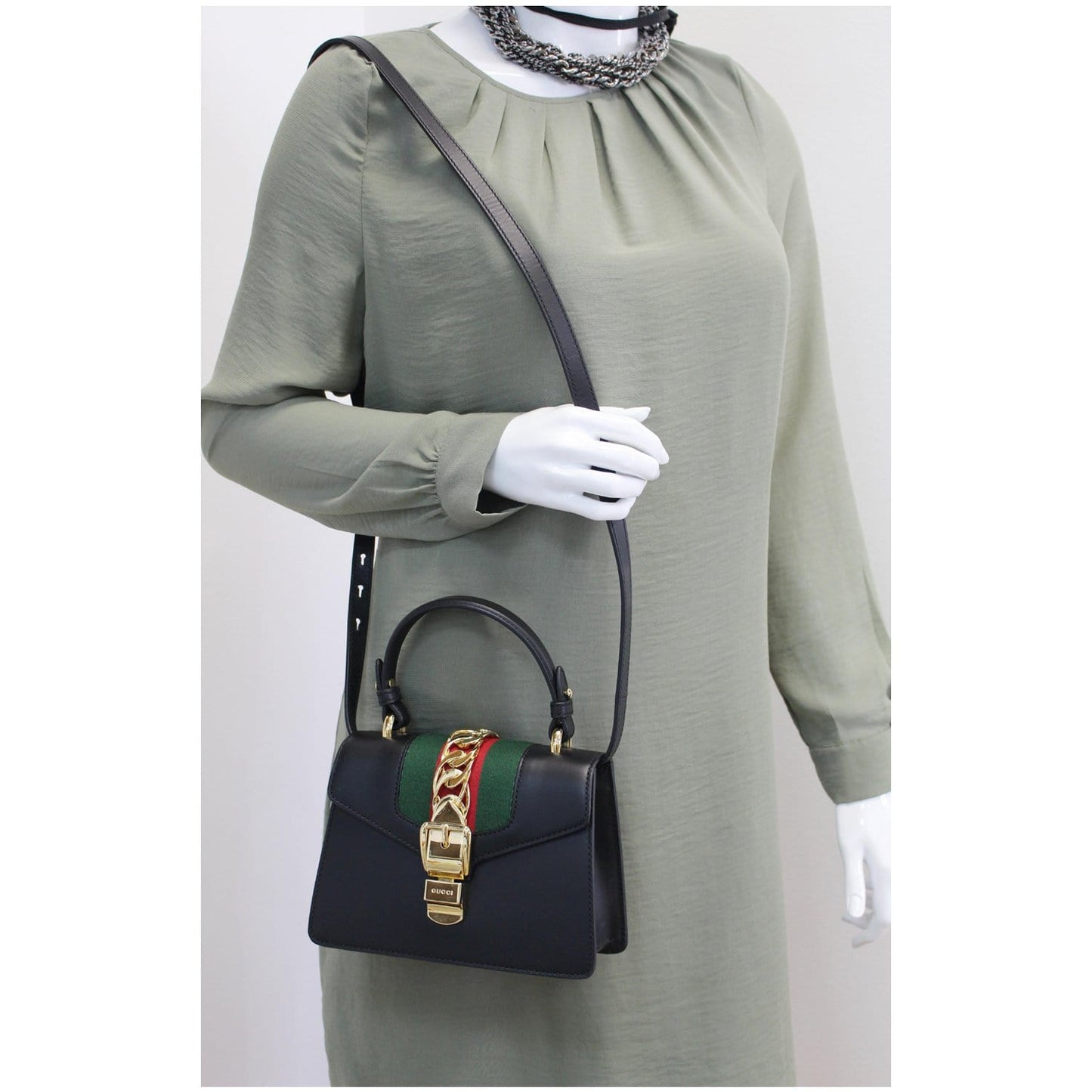 GUCCI Sylvie Mini Leather Crossbody Bag Black 470270