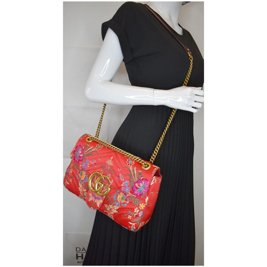 GUCCI GG Marmont Floral Medium Jacquard Matelasse Shoulder Bag Red 443496