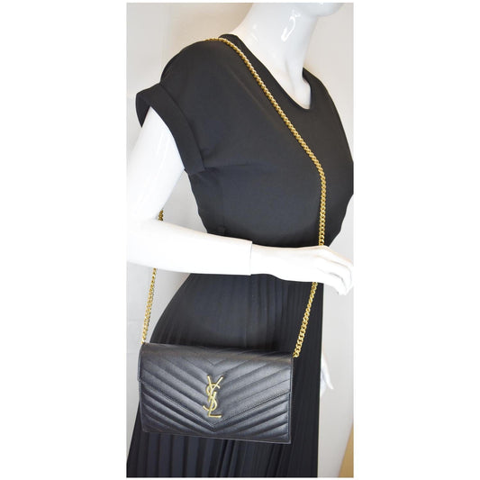 YVES SAINT LAURENT Matelasse Chevron Grain De Poudre Envelope Chain Wallet Black