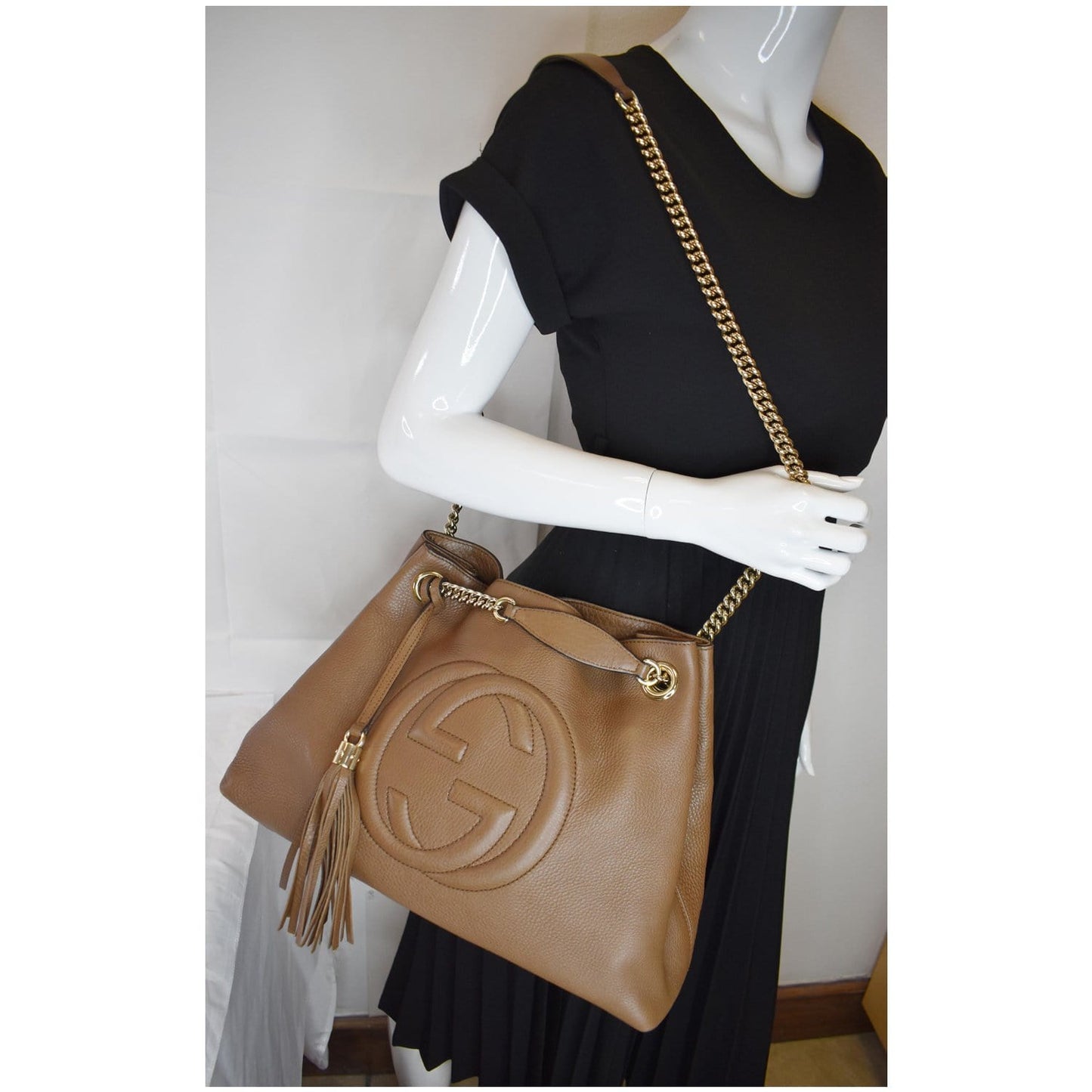 GUCCI Soho Pebbled Leather Chain Shoulder Bag Brown 308982