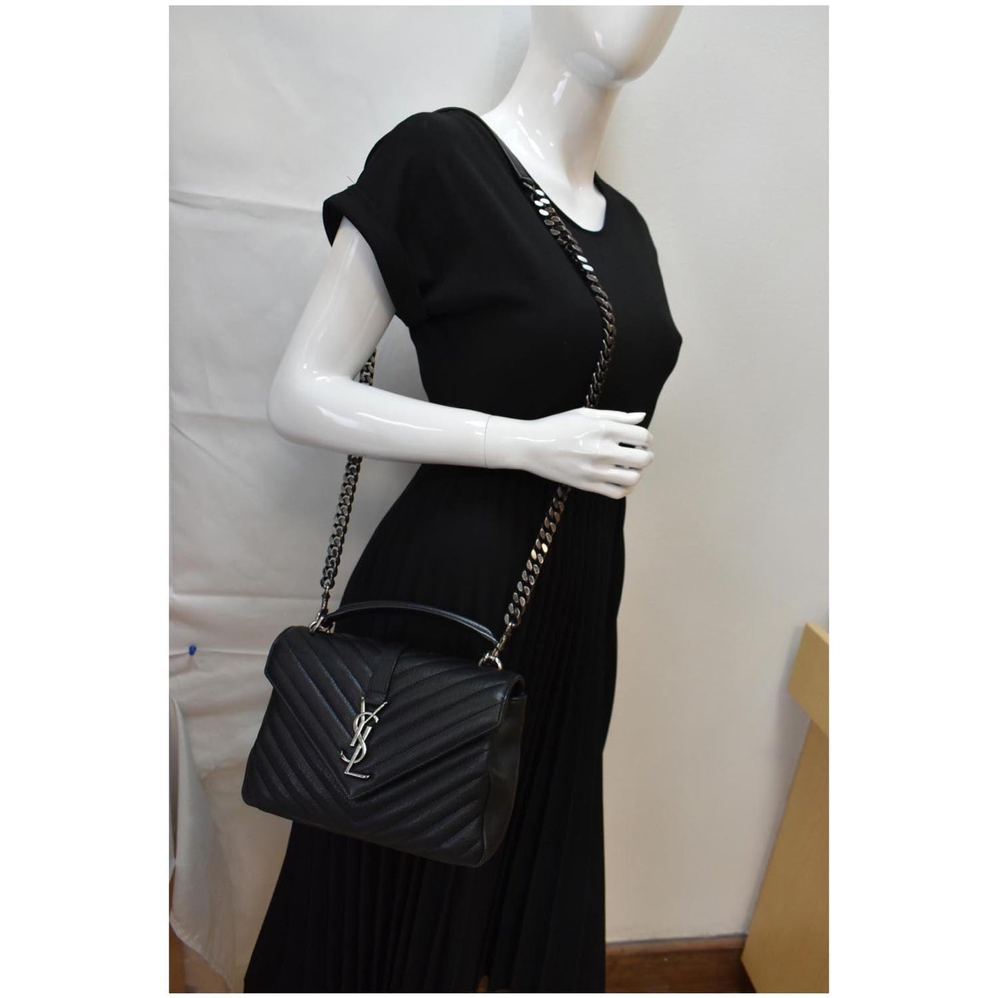 YVES SAINT LAURENT College Medium Monogram Chevron Leather Crossbody Bag Black