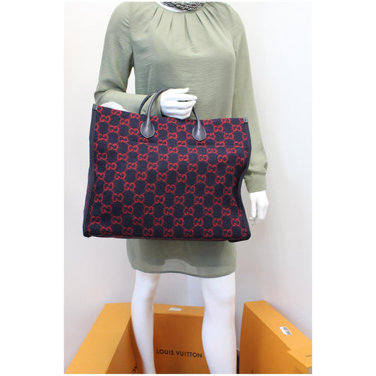 GUCCI GG Wool Tote Shoulder Bag Blue/Red 598169