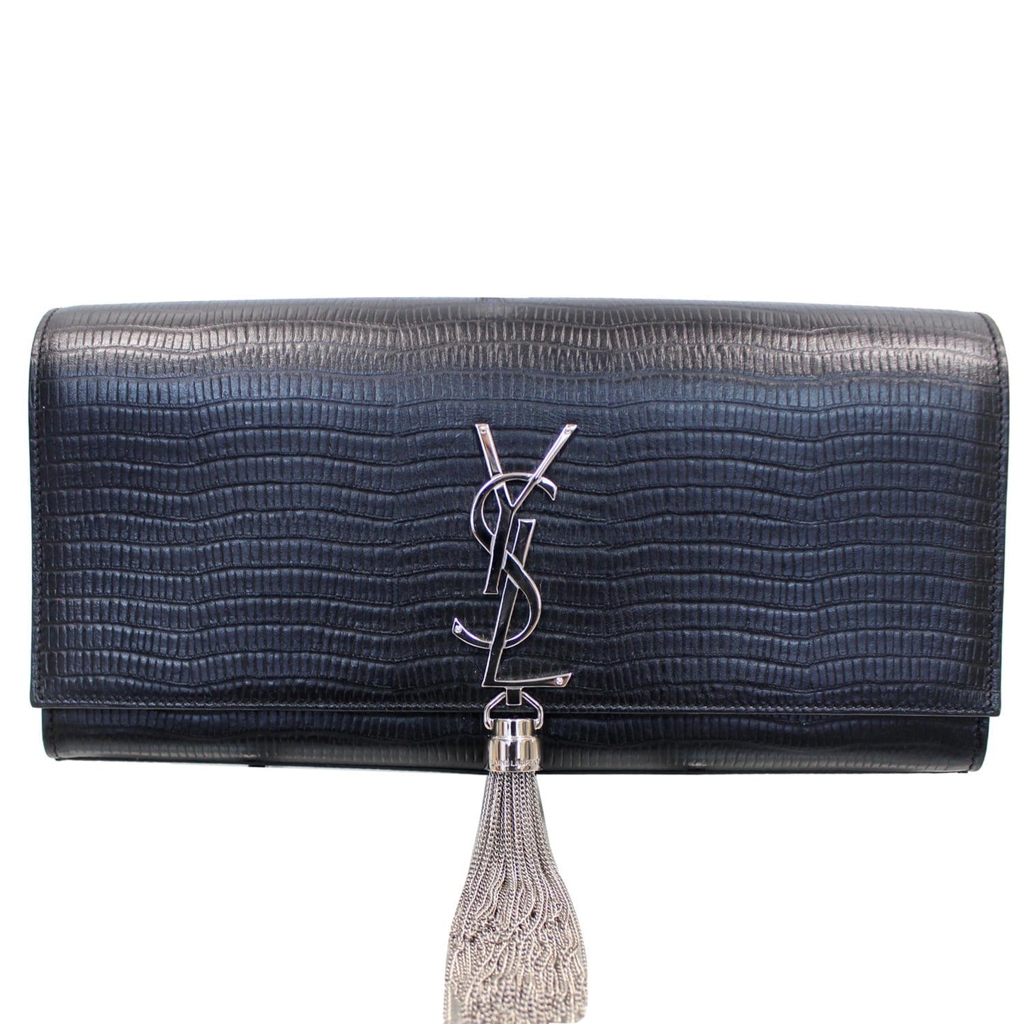 YVES SAINT LAURENT Classic Kate Monogram Tassel Embossed Leather Clutch Black
