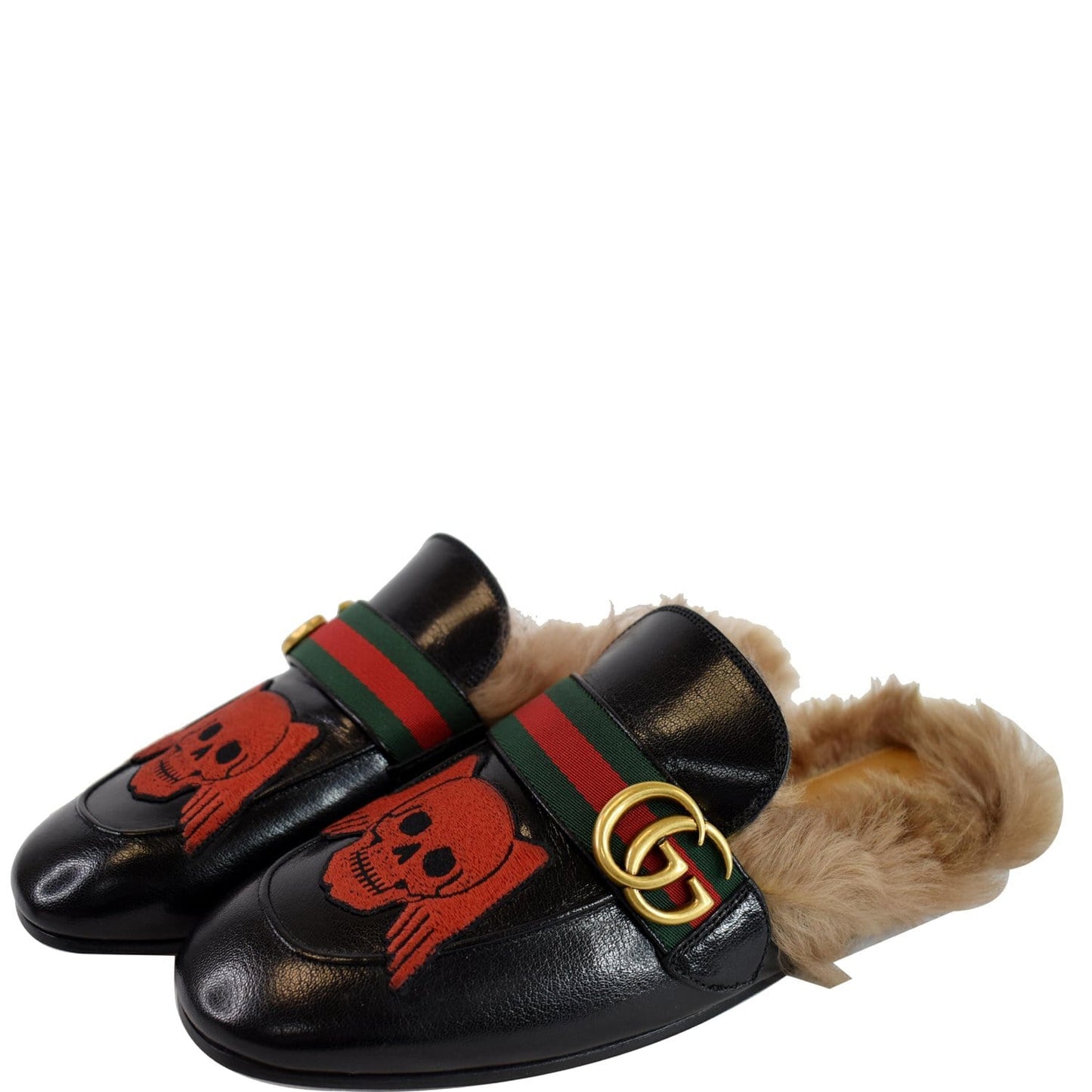 GUCCI Princetown Skull Angel Fur Leather Slipper Black US 7