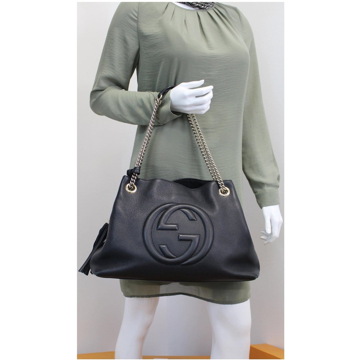 GUCCI Soho Pebbled Leather Chain Shoulder Bag 308982 Black