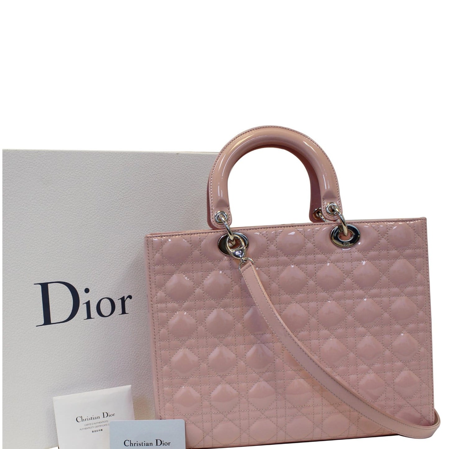 CHRISTIAN DIOR Quilted Patent Leather Lady Dior Large Shoulder Bag Pink