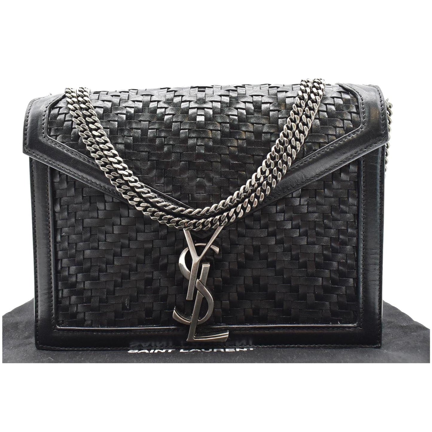 YVES SAINT LAURENT Cassandra Medium Woven Leather Chain Shoulder Bag Black
