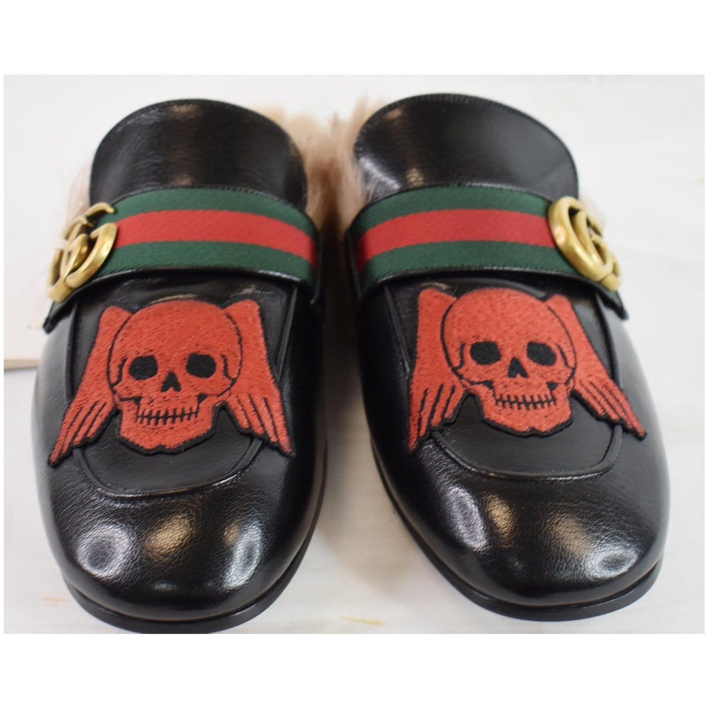 GUCCI Princetown Skull Angel Fur Leather Slipper Black US 7