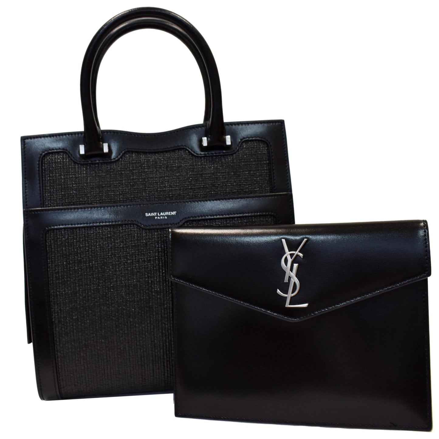 YVES SAINT LAURENT Uptown Small Canvas Leather Tote Bag Black