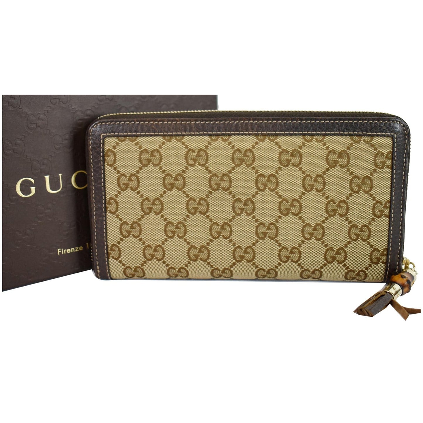 GUCCI Bamboo GG Canvas Zippy Organizer Wallet Beige 232977