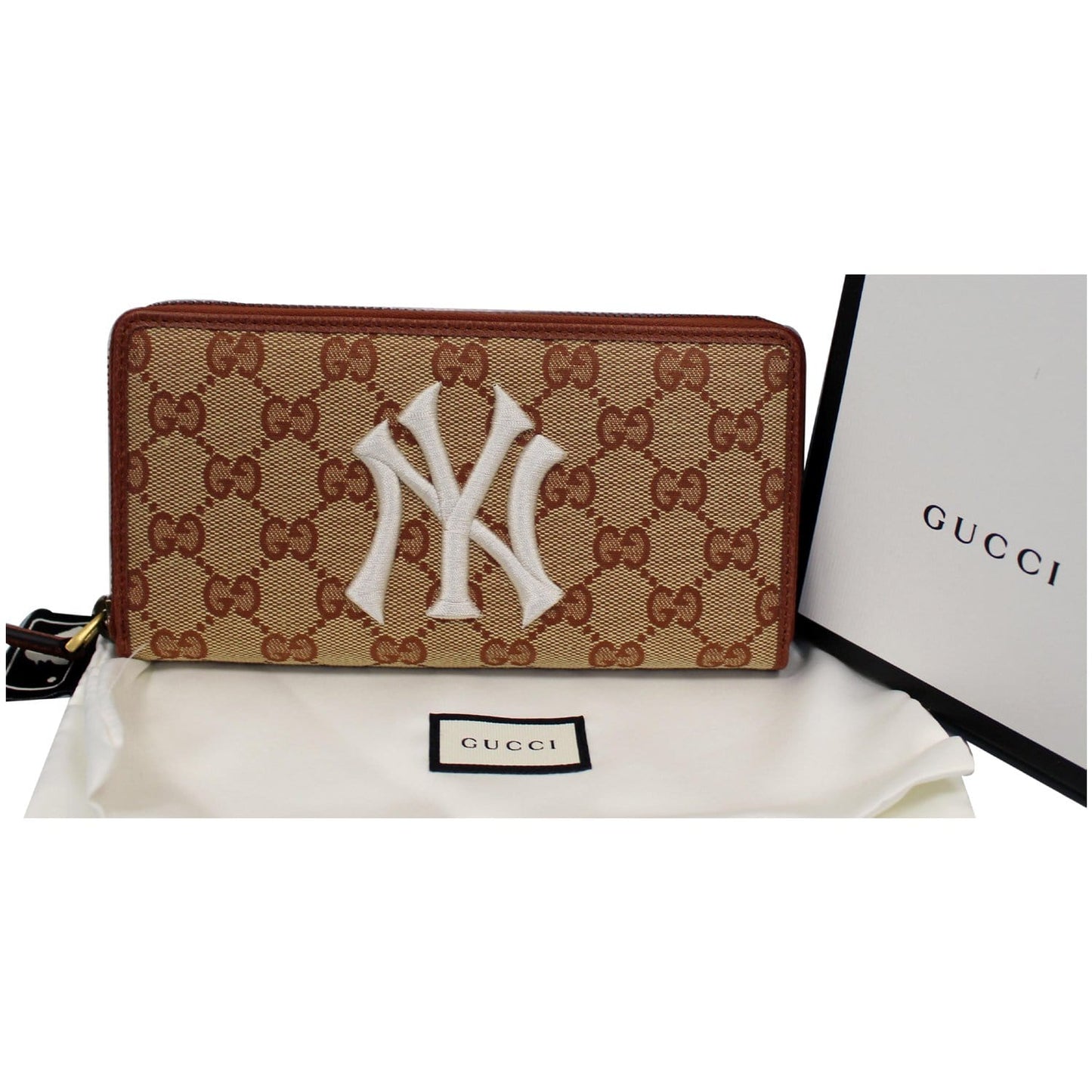 GUCCI Zip Around NY New York Yankees Patch Wallet Brown 547791 - Last Call