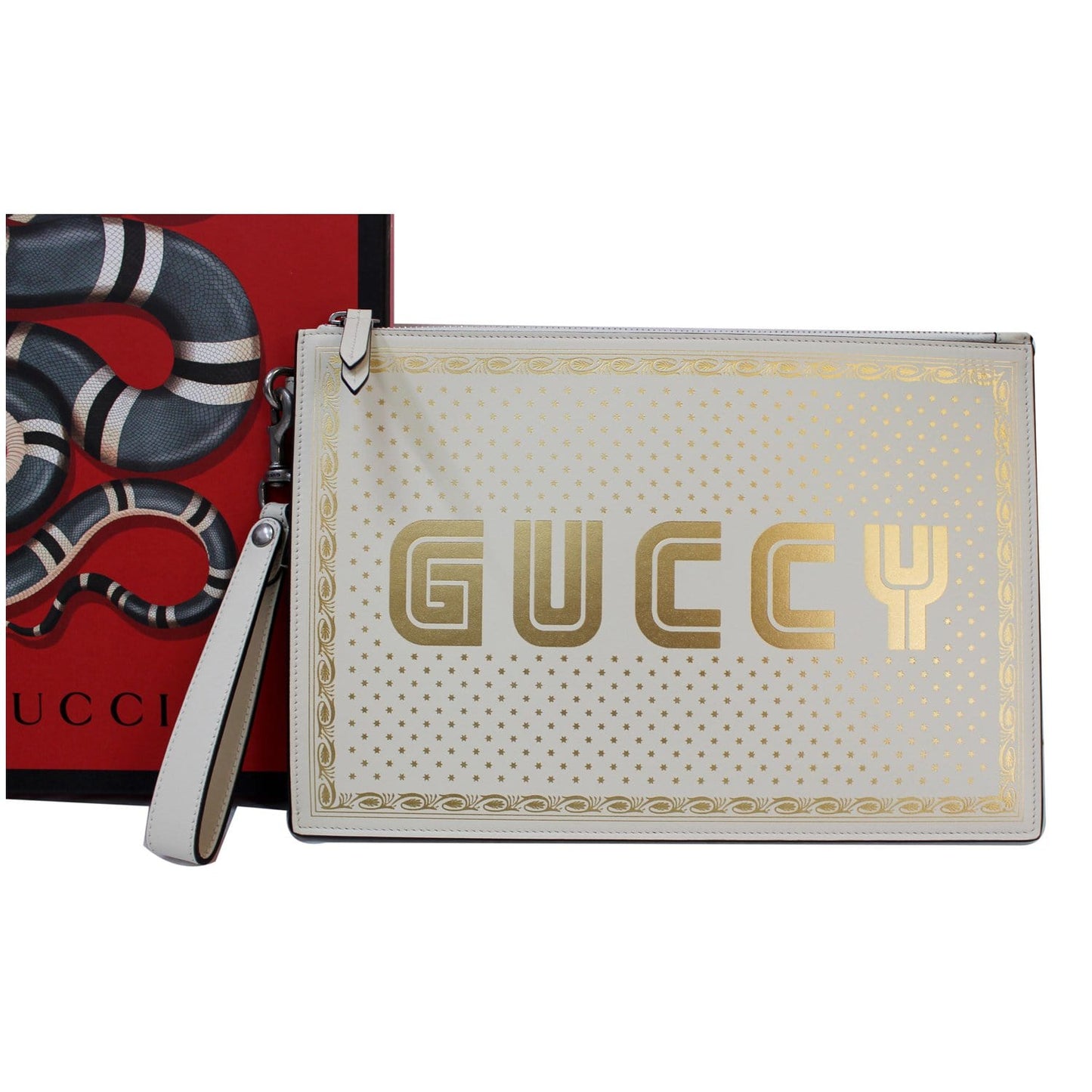 GUCCI GUCCY Star Print Leather Clutch Bag White 510489