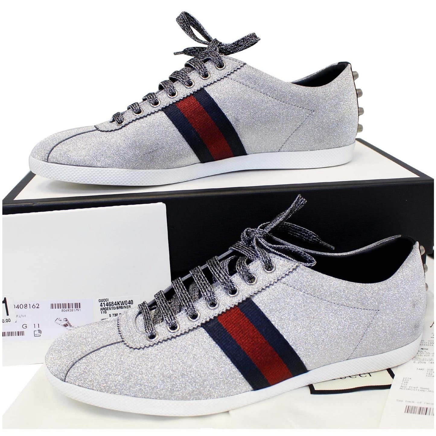 GUCCI Silver Glitter Web sneaker with Studs Size 11