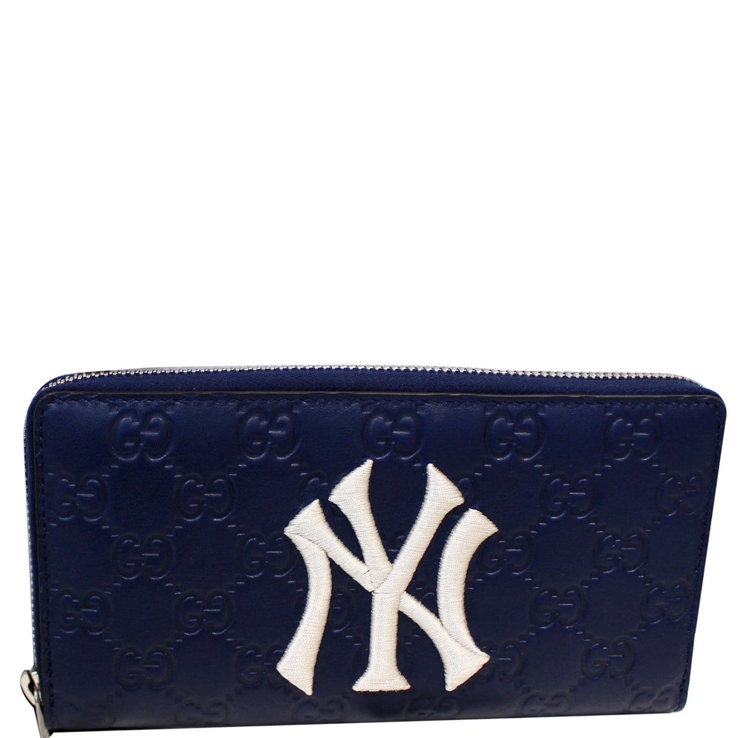 GUCCI Zip Around NY New York Yankees Patch Guccissima Wallet Blue - Last Call