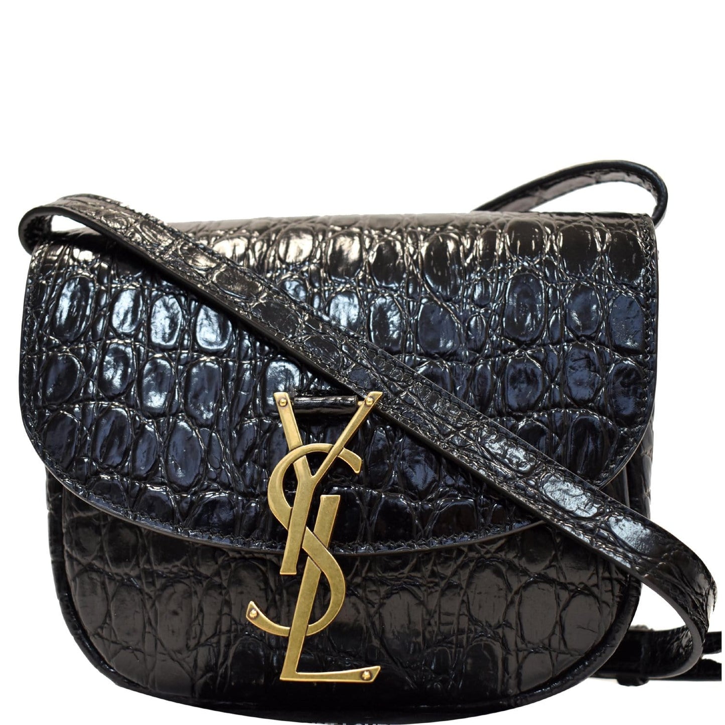 YVES SAINT LAURENT Kaia Small Crocodile Embossed Leather Satchel Bag Black