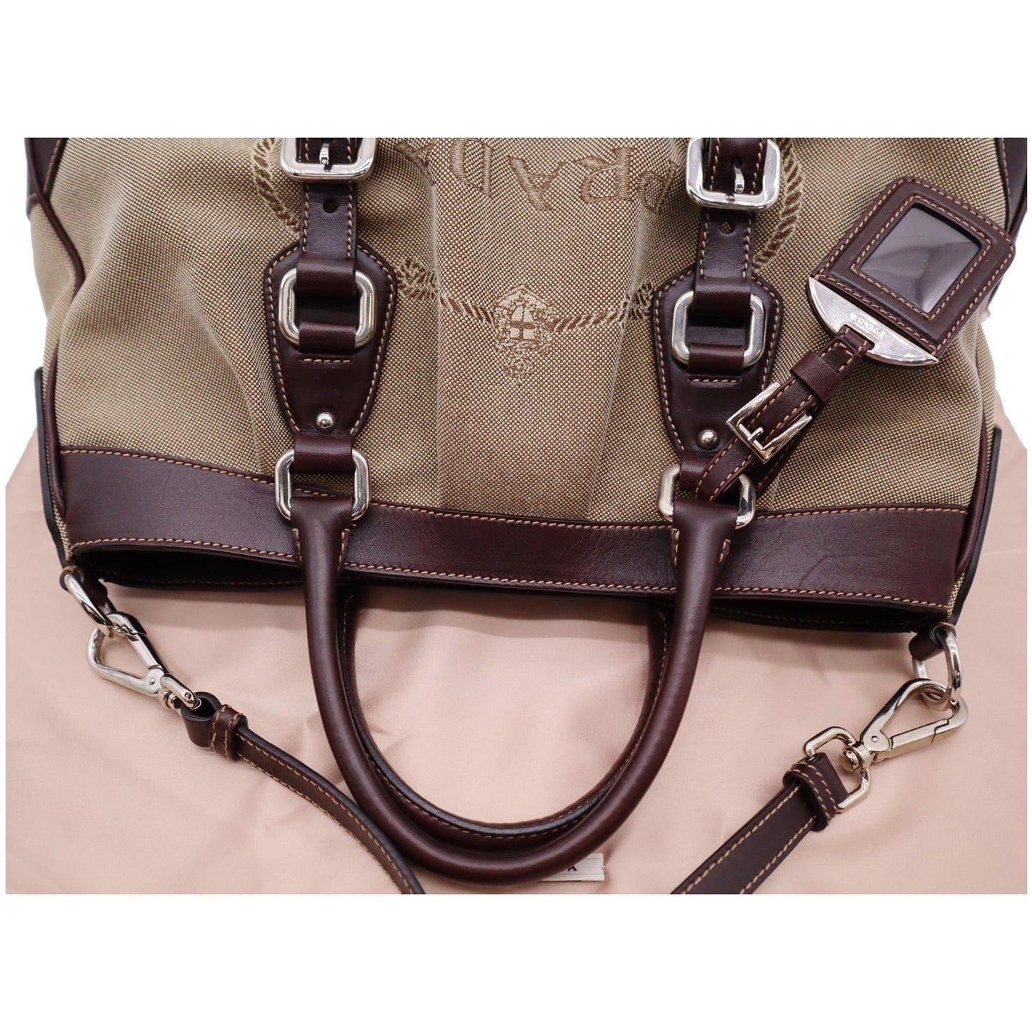 PRADA Jacquard Logo Canvas Leather Tote Shoulder Bag Beige