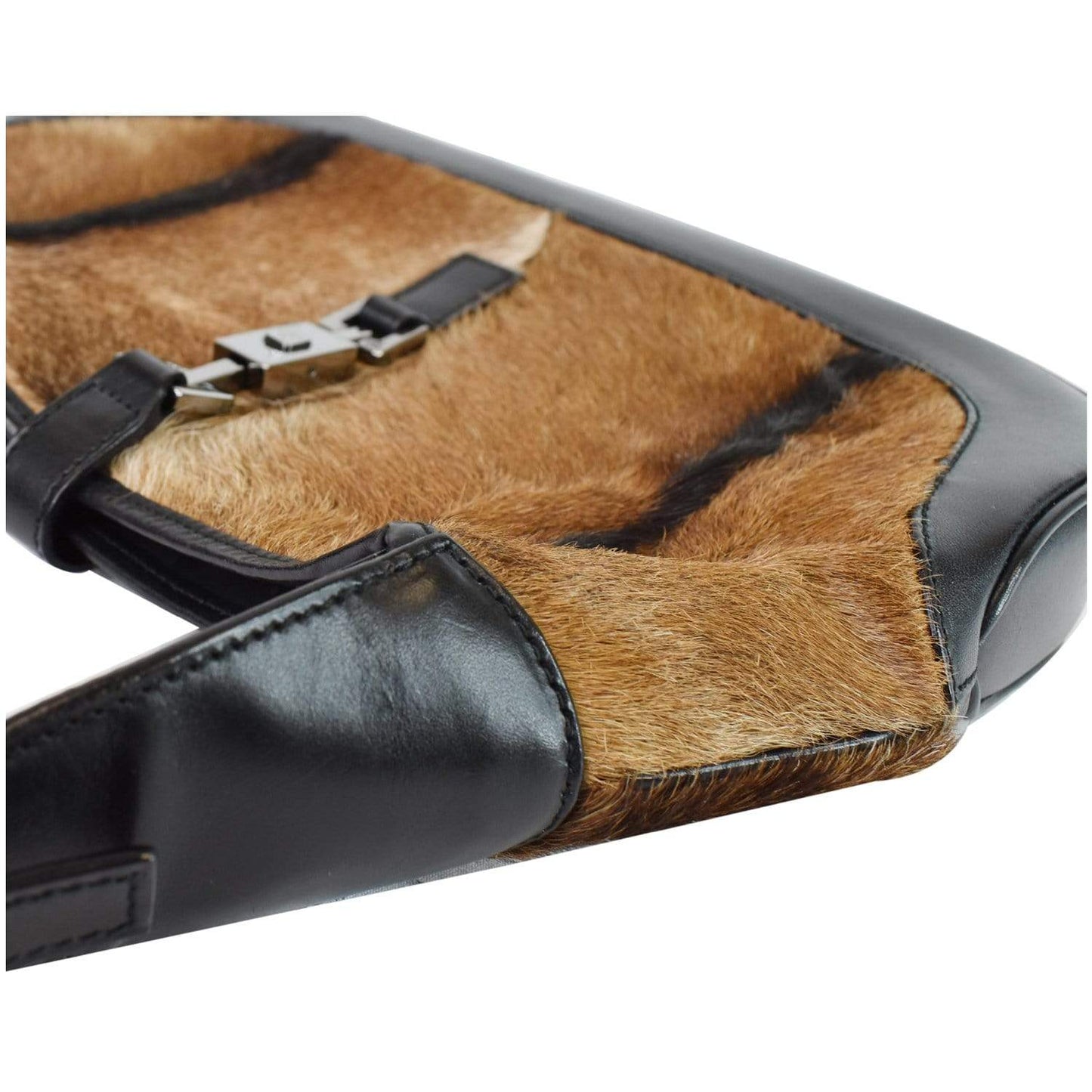 GUCCI Jackie O Pony Hair Leather Hobo Shoulder Bag Brown