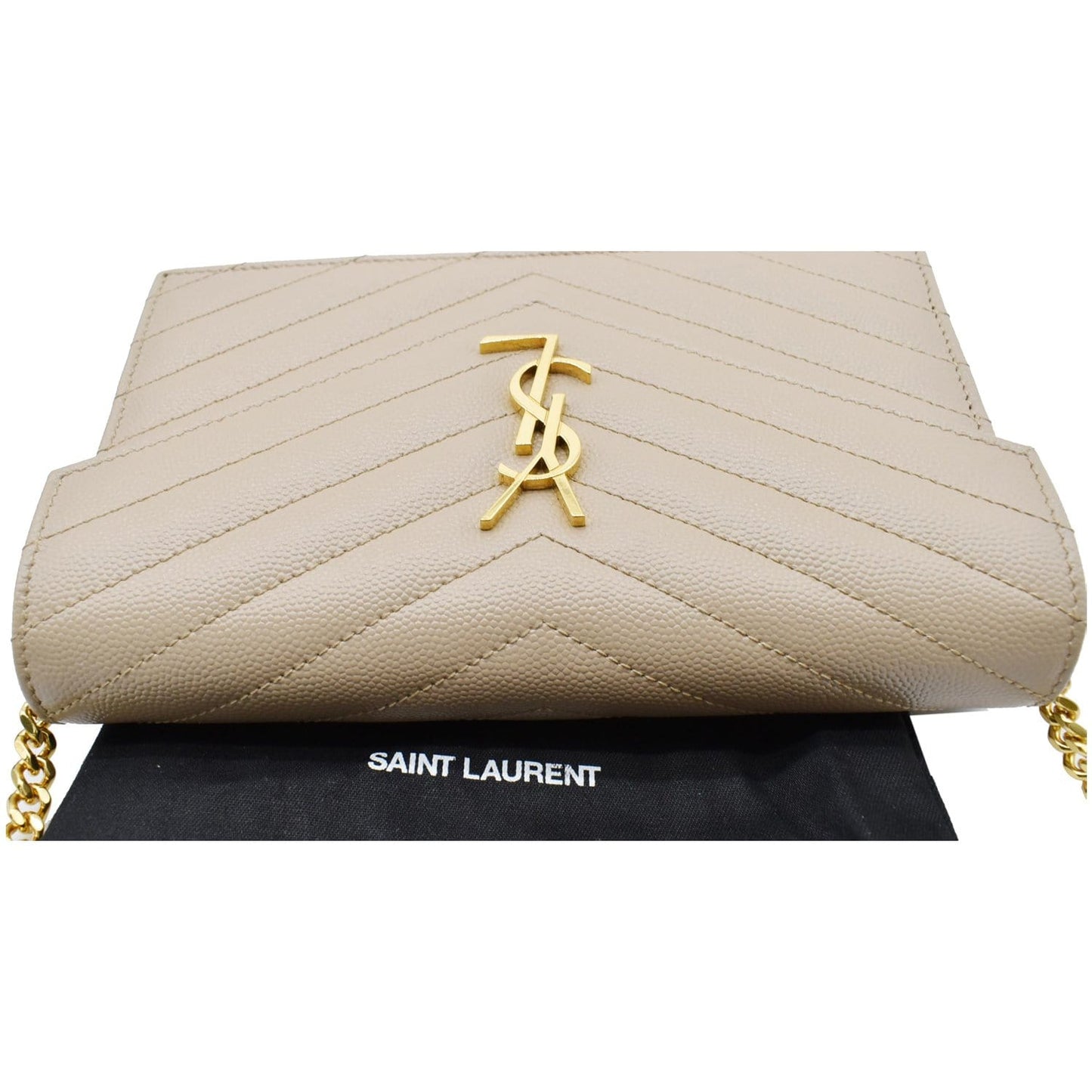 YVES SAINT LAURENT Matelasse Chevron Grain De Poudre Envelope Chain Wallet Beige