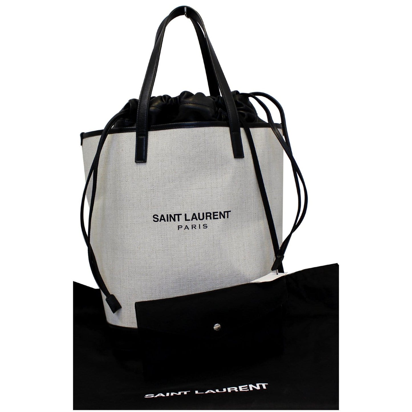 YVES SAINT LAURENT Teddy Canvas/Leather Drawstring Shopping Tote White/Black - Last Call