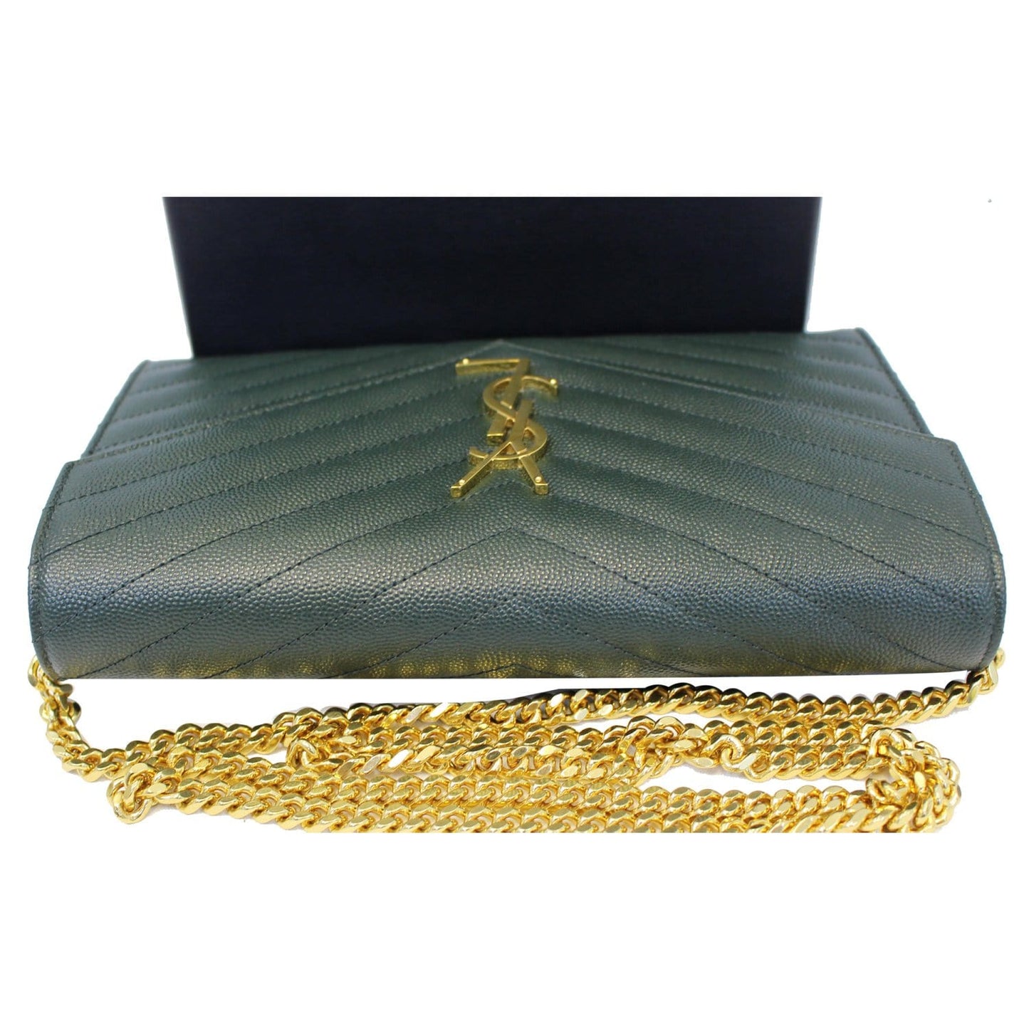 YVES SAINT LAURENT Chevron Grain De Poudre Envelope Chain Bag Olive Green