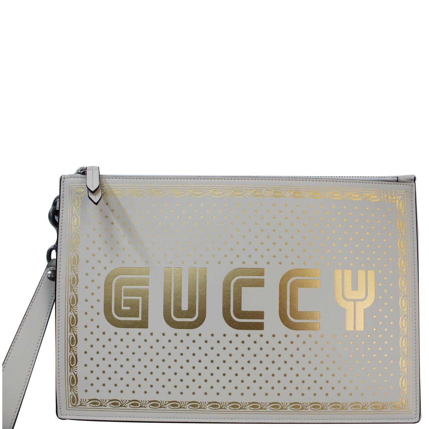 GUCCI GUCCY Star Print Leather Clutch Bag White 510489