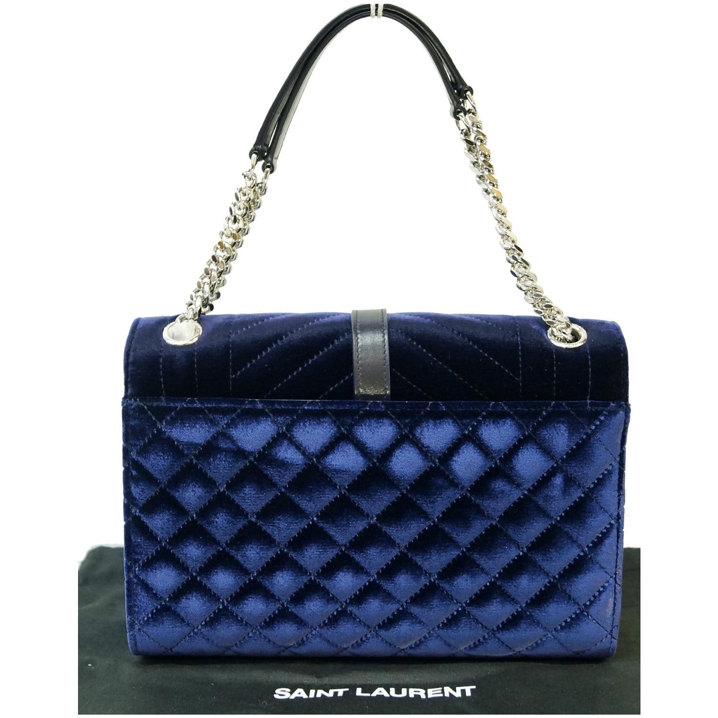 YVES SAINT LAURENT V Flap Tri-Quilt Velvet Shoulder Bag Navy Blue