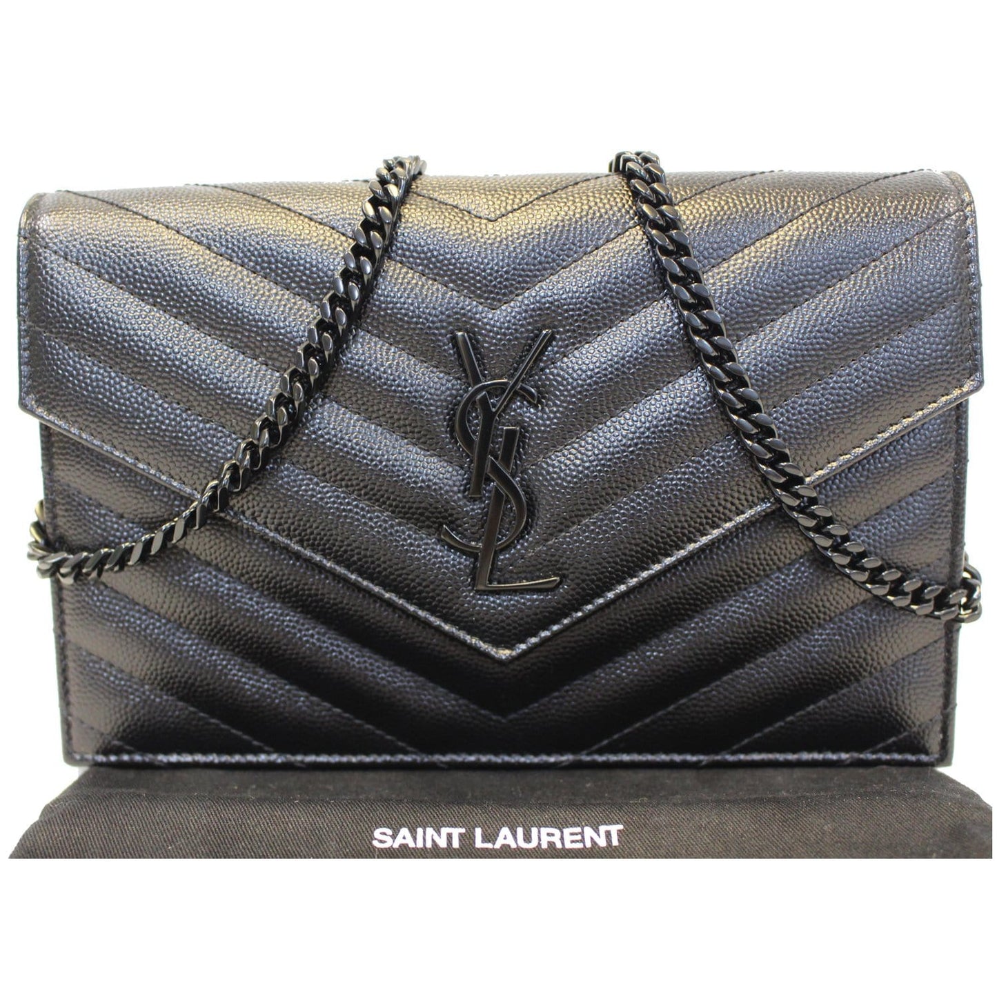 YVES SAINT LAURENT Matelasse Chevron Grain De Poudre Envelope Chain Wallet Black