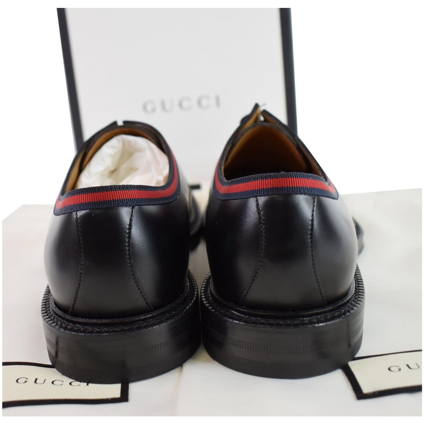 GUCCI Classic Web Lace Up Shiny Leather Shoes Black 472749 US 7