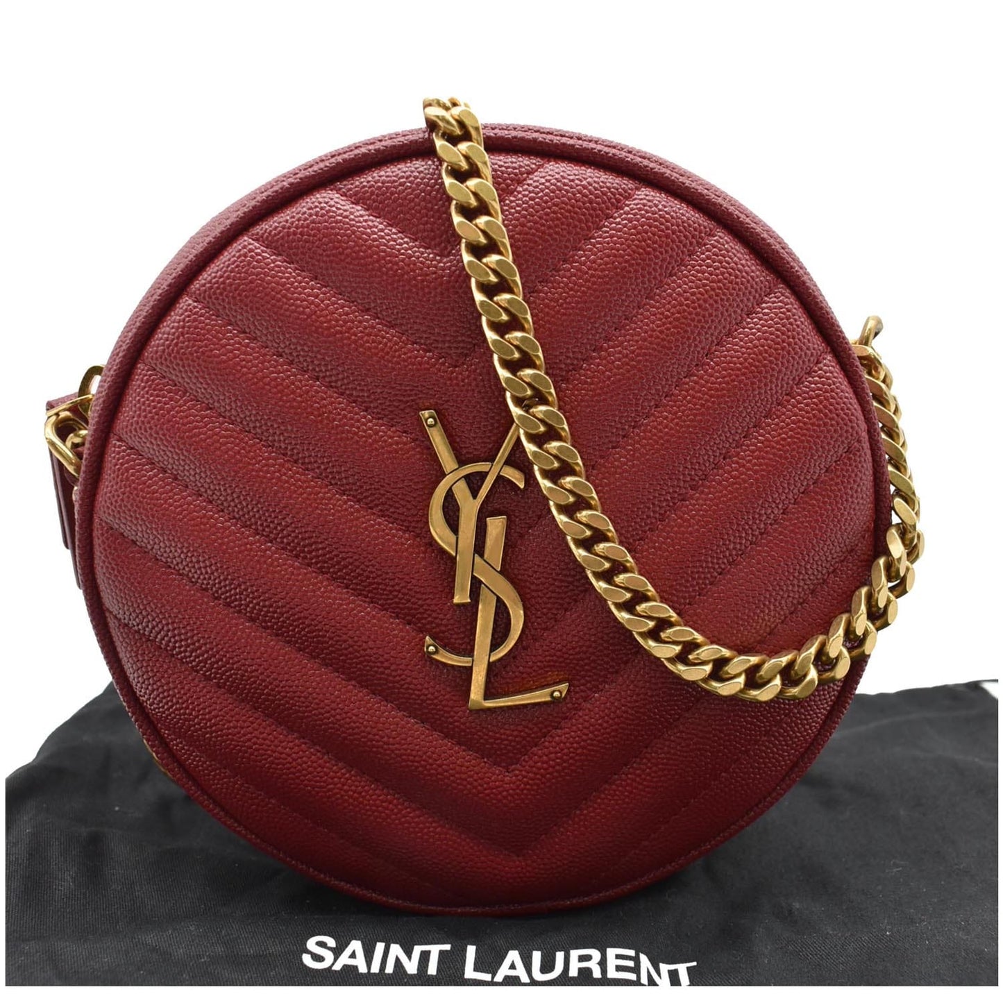 YVES SAINT LAURENT Vinyle Round Chevron Leather Camera Crossbody Bag Red