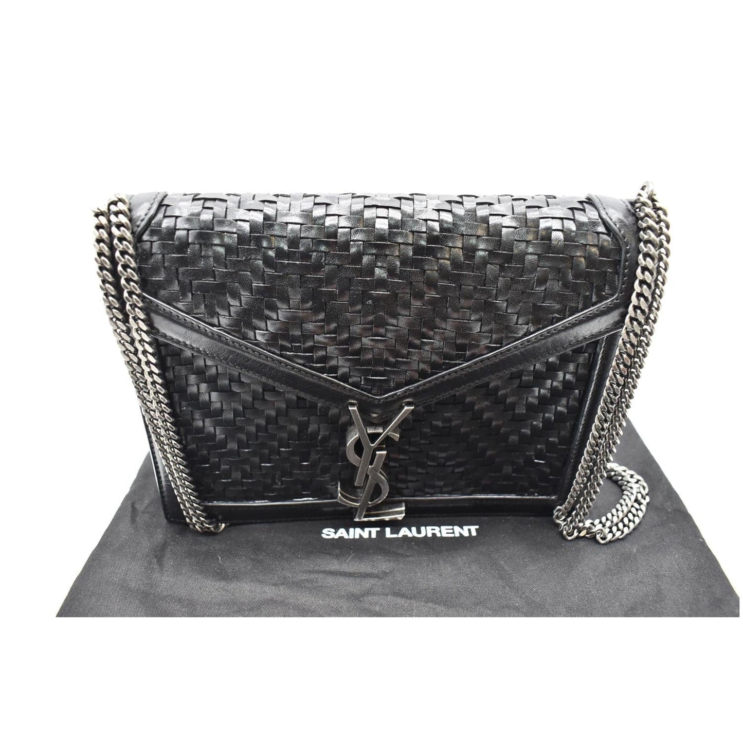 YVES SAINT LAURENT Cassandra Medium Woven Leather Chain Shoulder Bag Black